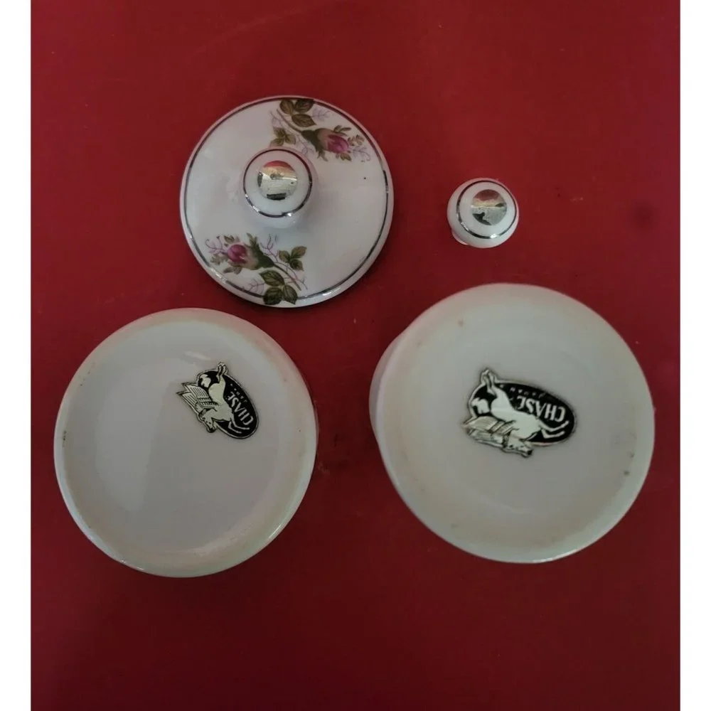 Chase Japan Vintage Ceramic Vanity Jars with Silver Detail Storage Keepsake Box